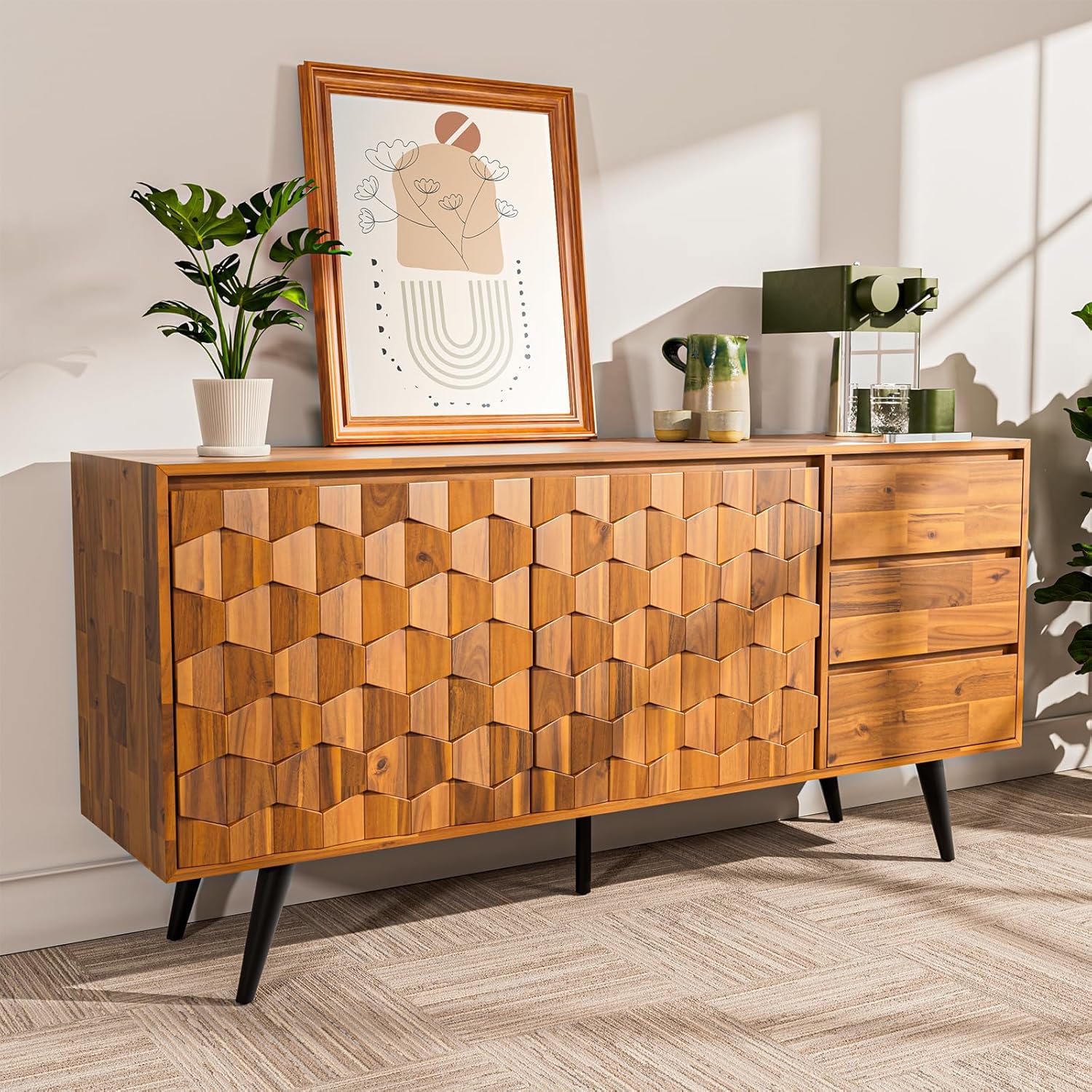 Bme 2-Piece Georgina Collection: Solid Wood Sideboard Cabinet with Geometric Pattern and Matching Nightstand Table, Mid Century Modern Furniture Set for Living Room and Bedroom, Teak Brown