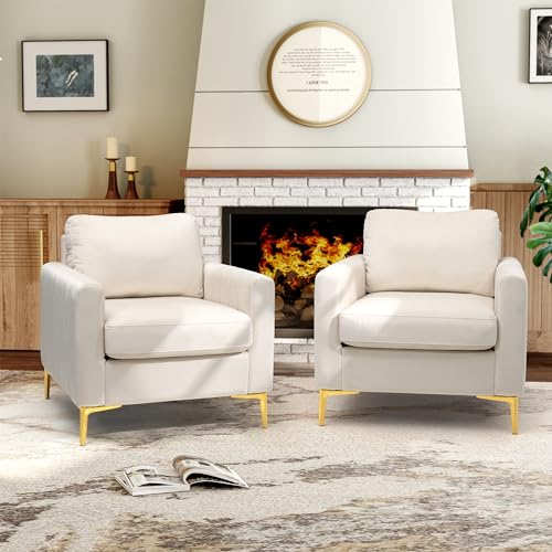Mid Century Accent Chair Modern Velvet Living Room Accent Chair Comfy Upholstered Arm Chair for Bedroom Studio Study Office Lounge (Beige)