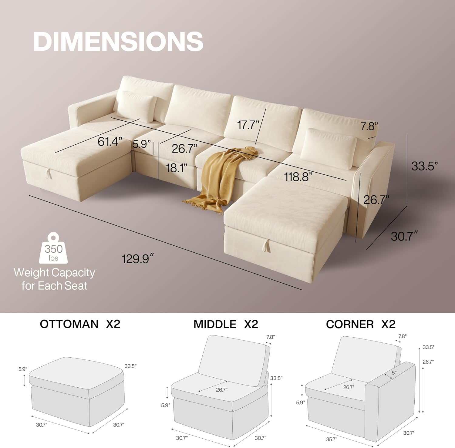 Modular Sectional Sofa, 4 Seat Deep Sectional Sofa with 2 Storage Ottomans, Oversized Sectional Couches for Living Room - Velvet Cream White(130'' W)