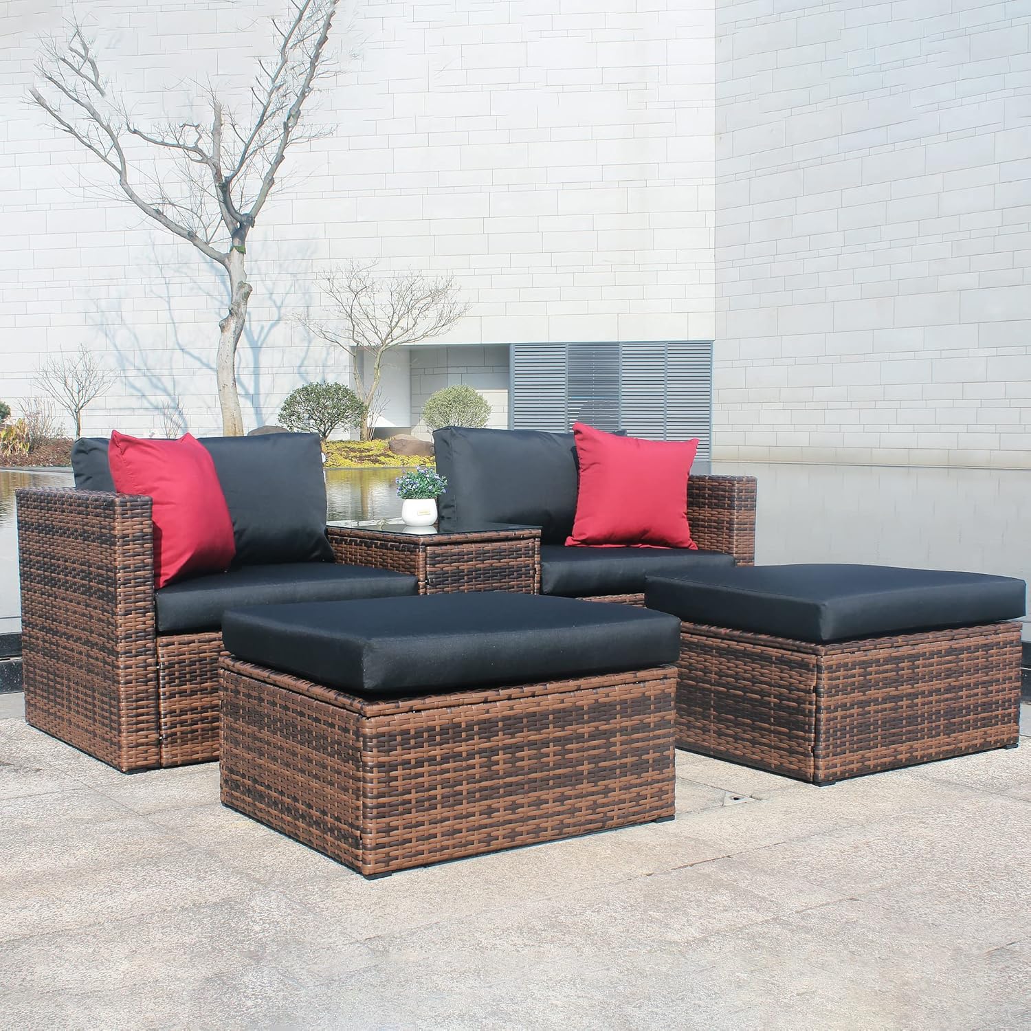 5 Pieces Outdoor Furniture, PE Rattan Sectional Sofa with Glass Top Armrest Table & Two Convertible Ottoman, Conversation Set with Removable Comfort Cushion, Ider for Balcony, Brown