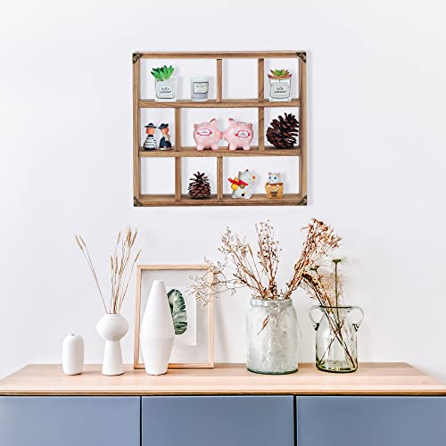 FIRMINANA 17.7 Inch Solid Wood Display Shelf -Sef of 2- Shadow Box 9-Slot Wood Floating Shelves Larger Shelf Lightweight (Brown)