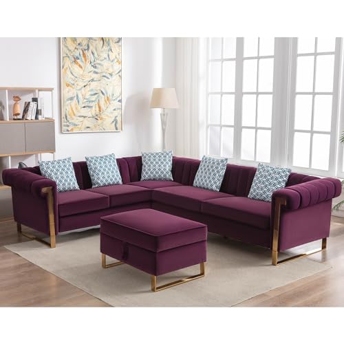 Velvet Upholstered 6-Seater Sectional Sofa with Storage Ottoman, Purple