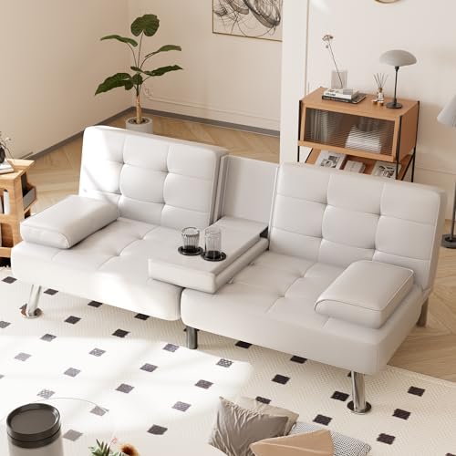 Convertible Folding Futon Sofa Bed Sleeper Couch for Living Room Faux Leather Upholstered Loveseat w/Removable Armrests, Metal Legs, 2 Cup Holders, White