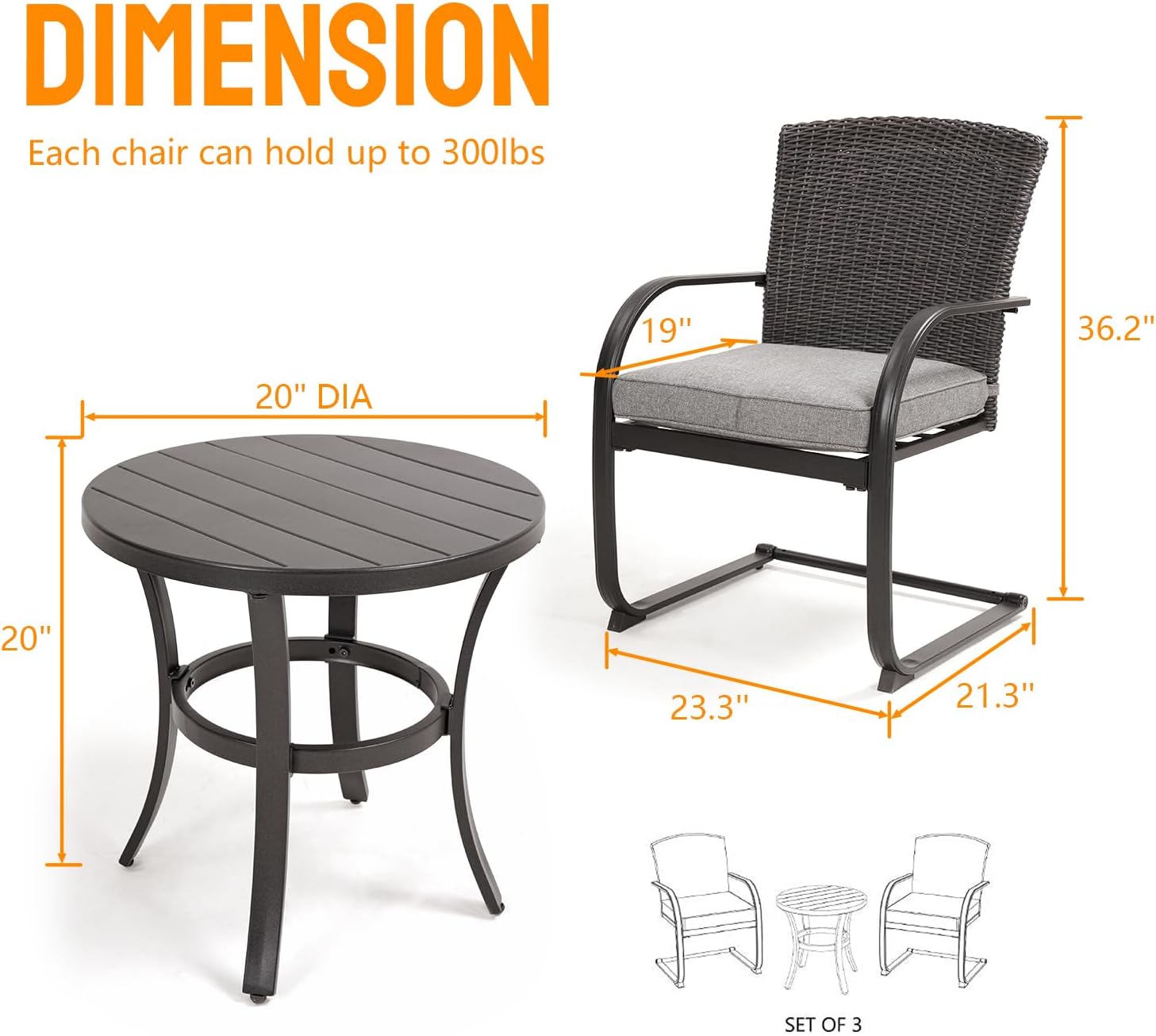 Outdoor Patio Furniture Set Bistro Set of 3,2 Wicker Chairs with Cushion and Coffee Table for Lawn & Garden, Dark Brown