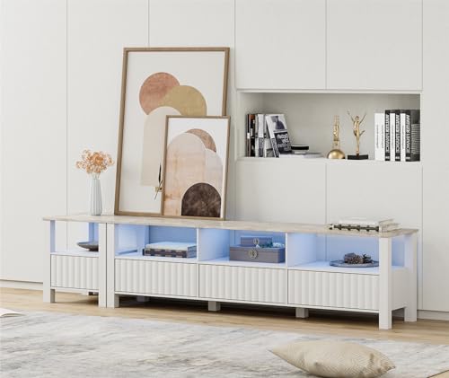 WAMPAT 85 Inch TV Stands for Living Room with 16 Color RGB LED Light, Modern TV Console Table for 65-80 Inch TV with Storage Cabinet, Televion Stands with Side Table for Bedroom, White
