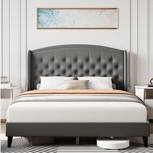 IDEALHOUSE 2024 New King Size Bed Frame, Upholstered Platform Bed with Wingback Headboard, with Soft Velvet and Button Tufted Design, Wood Slat Support, No Box Spring Needed, Easy Assembly (Black)