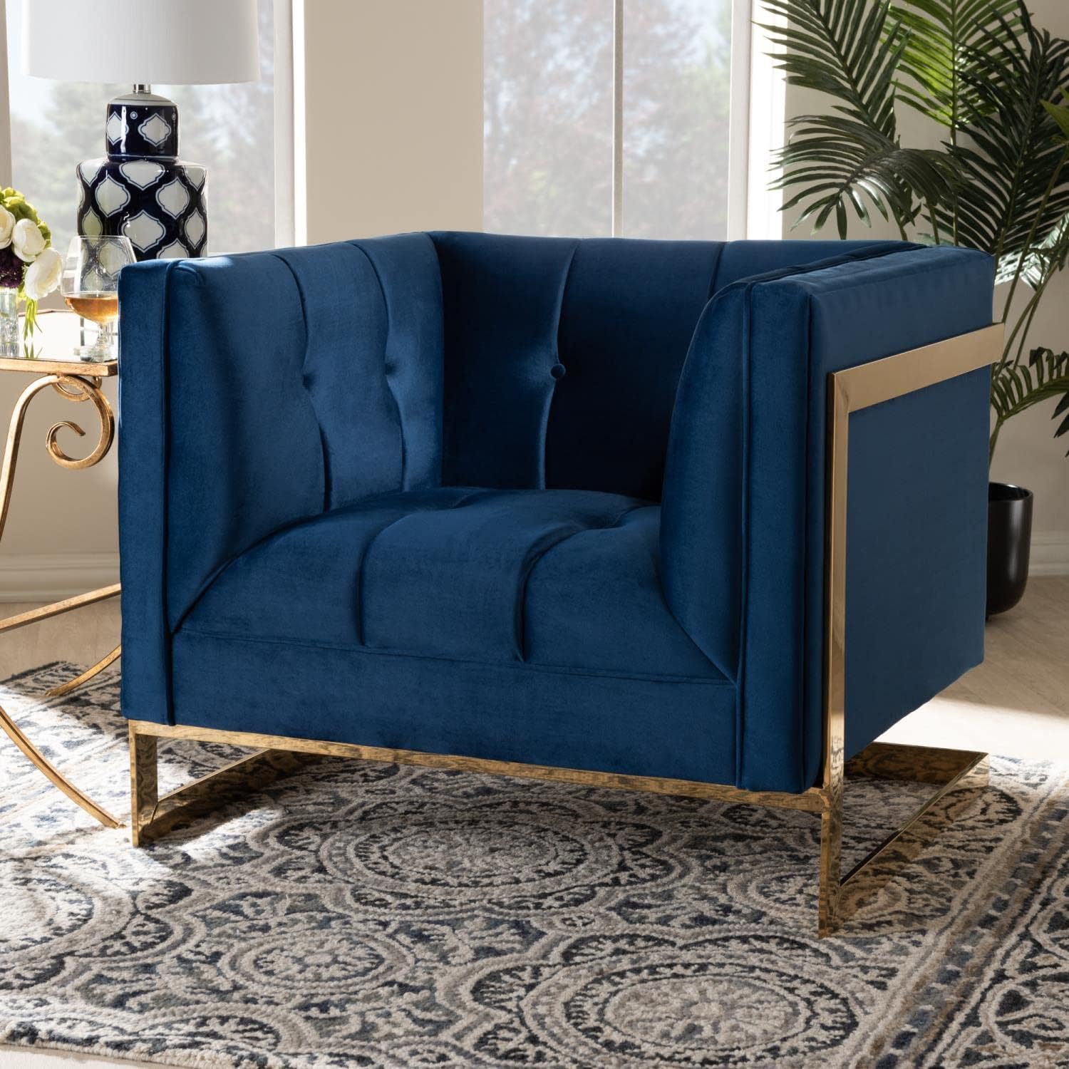 Baxton Studio Ambra Glam and Luxe Navy Blue Velvet Fabric Upholstered and Button Tufted Armchair with Gold-Tone Frame