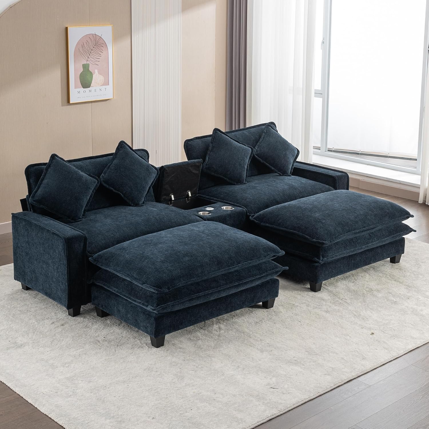 Convertible Modular Sectional Sofa with Center Storage Set, Chenille Upholstered Cloud Couch with Movable Ottomans and Cupholders, Dual USB Ports, Deep Seat Cushioned Sofa&Couches for Living Room