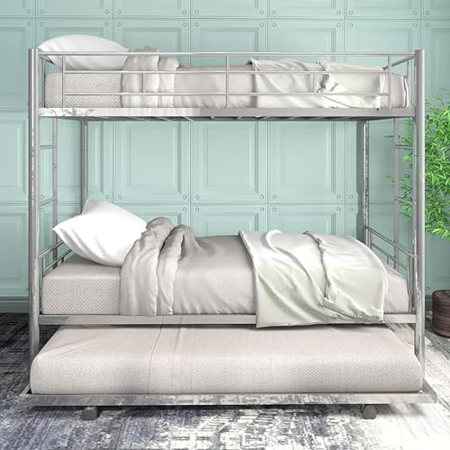 Metal Twin Over Twin Bunk Beds,with Trundle,for Kids Teens Adults, Heavy Duty Bunk Bed,No Box Spring Needed(Silver)