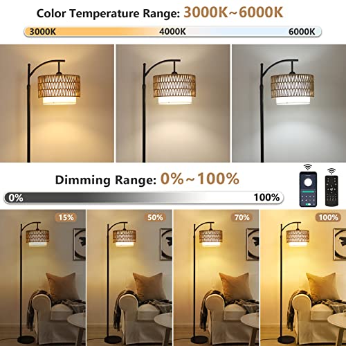 Arc Floor Lamp for Bedroom, Boho Standing Lamp with Remote & LED Smart Bulb, Rattan Floor Lamps for Living Room with 3 Color Temperatures, Height Adjustable Corner Tall Lamp, Stand up Lamp for Office