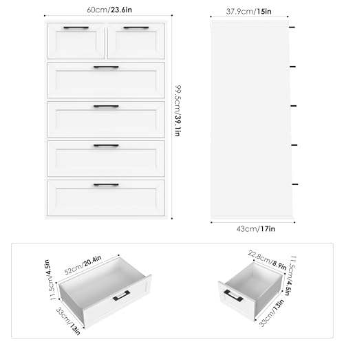 Dresser for Bedroom, White Dresser, Tall Dresser with 6 Drawers, Trapezoidal Design Chest of Drawers, Bedroom, Hallway, Entryway
