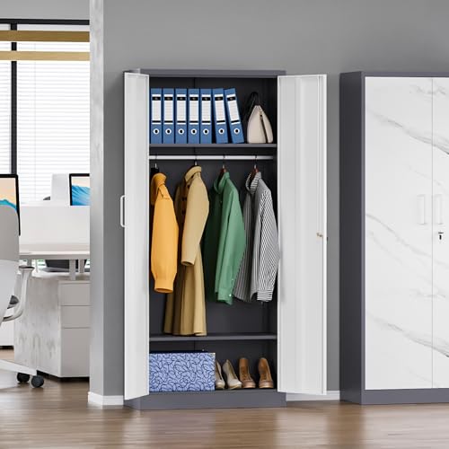 MIIIKO Steel Wardrobe Cabinet with 2 Doors, White Metal Locker Cabinet for Storage with Hanging Rod and 4 Shelves, Lockable Metal Closet Cabinet for Bedroom, Cloakroom and Home Office