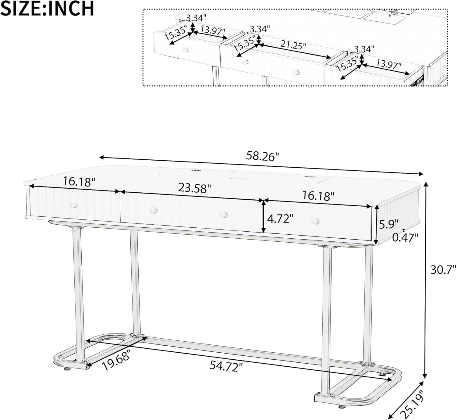 58” Mid Century Modern Curved Desk, Wooden Home Office Desk with Waveform Fluted Panel Design, Executive Desk with 3 Drawers and Metal Legs for Office, Living Room, Study Room, White+Gold