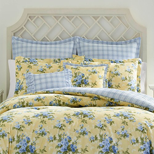 Laura Ashley Cassidy Yellow Comforter Set, King, Includes Bonus Euro Shams & Throw Pillows Lorelei Dark Blue King Sheets, Soft Sateen Cotton Bedding Set, 4 Pieces
