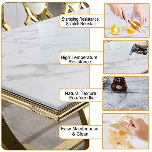 Henf White Marble Dining Table Set for 6, 7 Piece Modern Faux Marble Kitchen Dining Table and 6 Grey Velvet Upholstered Chairs w/Stainless Steel Legs, Luxury Gold Kitchen Dining Table and Chairs Set