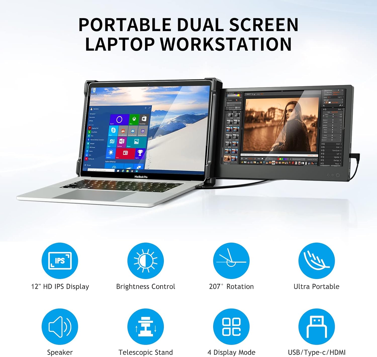 Alecewey Portable Monitor for Laptop Screen Extender Dual Monitor 12 Inch FHD 1080P IPS Display USB-A/Type-C/HDMI/Speakers for 13-16 Inch Computer Mac Windows Phone