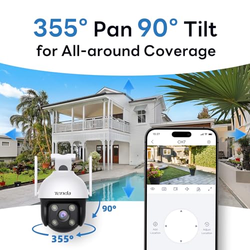 Tenda Security Cameras Outdoor, Plug-in WiFi Camera - 4MP, 360° Pan/Tilt, Color Night Vision, Patrol Mode, AI Human/Vehicle Detection, 2-Way Audio, IP65, Cameras for Home Security Outside(CH7)