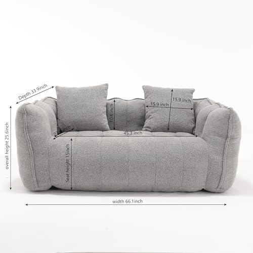 Soft Bean bag Chair with High Resilience Foam Core, Comfortable Square Recliner Sofa for Apartment, Living Room, Bedroom, Grey