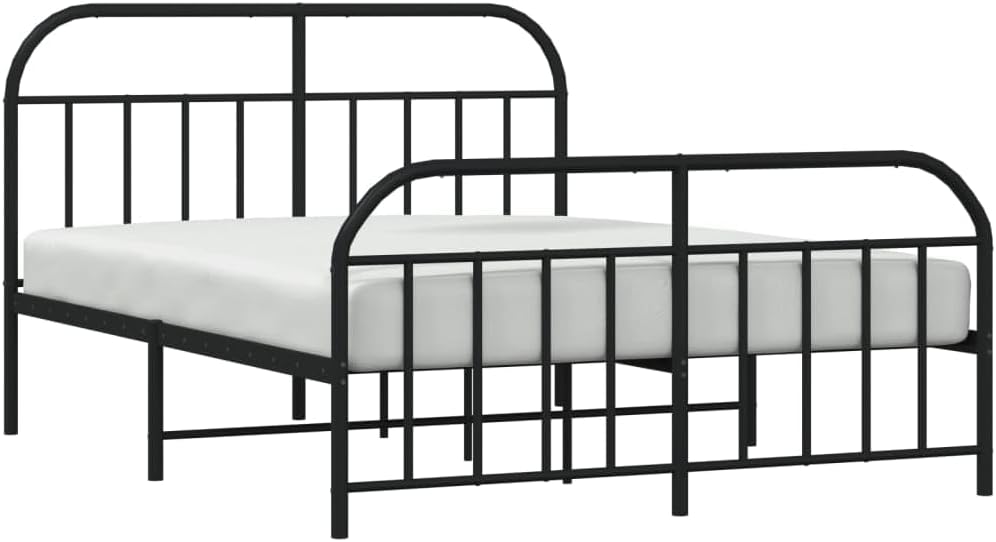 vidaXL Double Bed Frame with Headboard and Footboard in Black | Sturdy Powder-Coated Steel Construction | Complete with Metal Slats and Center Legs | Extra Under-Bed Storage Space