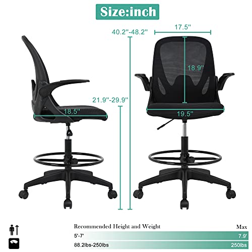 Drafting Chair Tall Office Chair Mid-Back Breathable Mesh Executive Task Desk Chair 360° Swivel Rolling Ergonomic 48