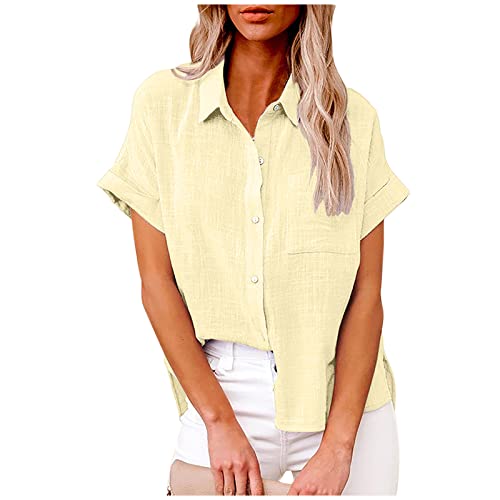 Ceboyel Women 2024 Causal Summer Blouses Button Down Short Sleeve Shirts Gauze Cotton Linen Tops Vacation Trendy Outfits