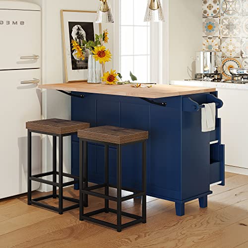 Bellemave Kitchen Island Set with Drop Leaf and 2 Seatings,Dining Table Set with Storage Cabinet,Drawers and Adjustable Shelves(Black+Rustic Brown)