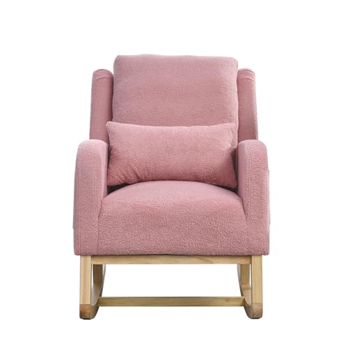 Modern Rocking Chair for Nursery, Upholstered Accent Rocker Single Sofa Armchair with High Back Backrest Armrest Side Pocket for Living Room Baby Room Bedroom Office Pink Teddy