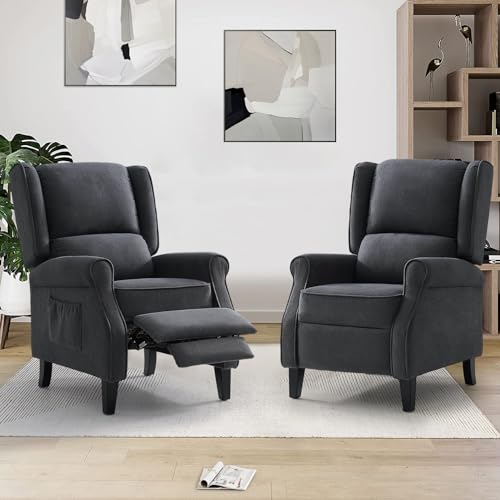 Vibrating Massage Recliner Chair for Living Room,Wingback Recliner Single Sofa with Heat,Tufted Fabric Push Back Arm Chair with Solid Wood Legs,Padded Seat Backrest&Side Pockets,Beige(Set of 2)