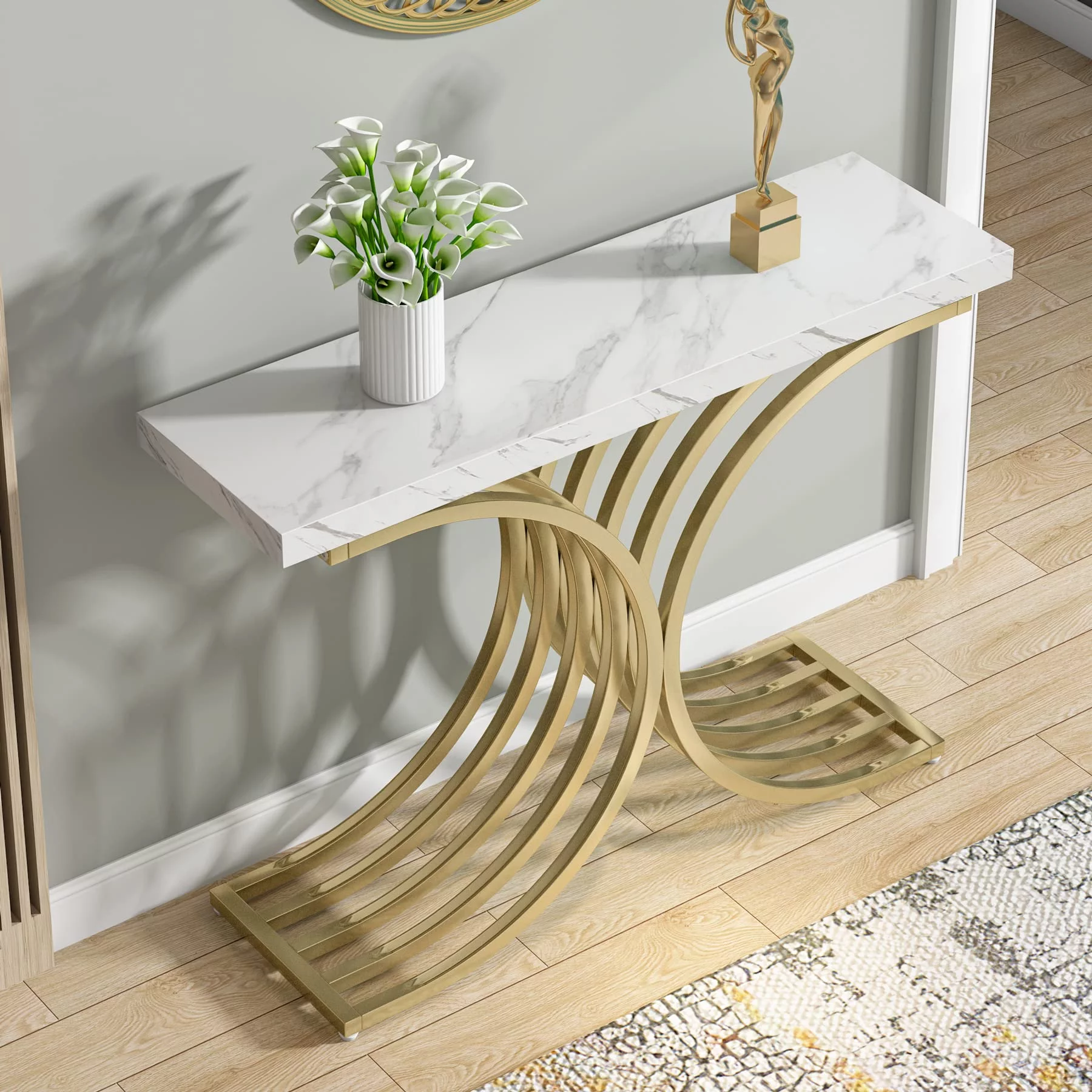 Gold Entryway Console Table with Metal Base, Modern foyer Entry tables, Narrow Sofa Accent Table with Faux Marble Top for entrance