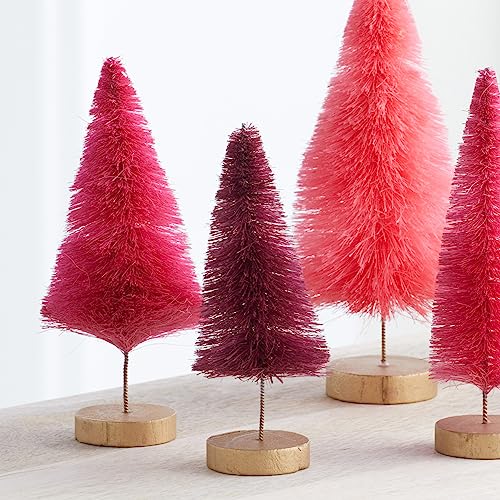 Bottle Brush Trees set of 6 classic hand-dyed, traditional red and green Christmas home decor, winter mantel decor, sized for home office bookshelf, shelf sitter (Set of 6 Classic)