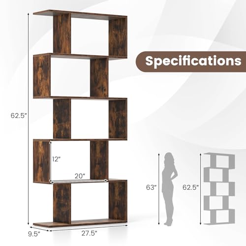 5-Tier Geometric Bookshelf, Freestanding Room Divider Bookcase, S-Shaped Decorative Storage Shelving, 62.5
