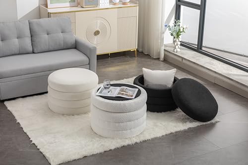 INMOZATA Storage Ottoman Round, Modern Ottomans with Storage Foot Stool Footrest for Lving Room, Boucle Ottoman Seat, Comfy Vanity Stool for Dorm Room Living Room Bedroom Boucle Black
