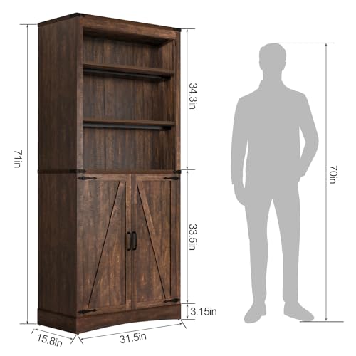 71in Farmhouse Kitchen Pantry Cabinet,Tall Storage Cabinet with 2 Doors and Adjustable shelves,with Load-Bearing Steel Pipe,Wood Storage Cabinets for Kitchen,Dining Room,Bathroom(Brown)