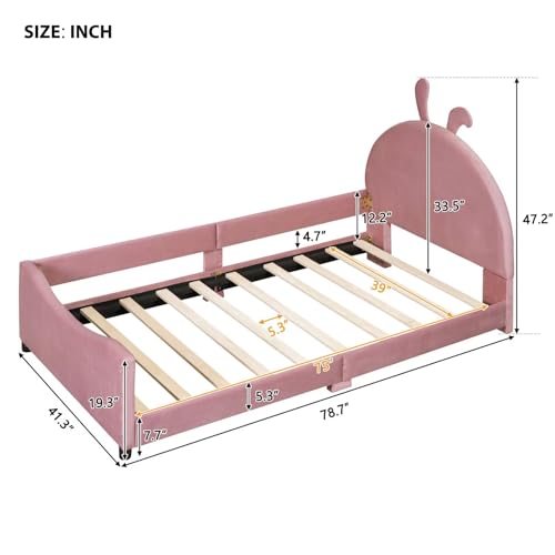 Merax Daybed Twin Size Upholstered Bed Frame and Adjustable Chic Double rabbit Headboard, Princess Platform Bed for Girls, Solid Wood Slats Support/No Box Spring Needed, Pink