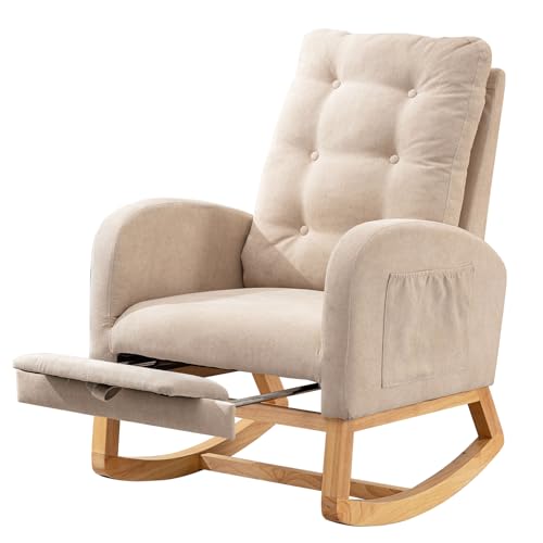 Cozy Armchair with Footrest | Ergonomic High Back Rocking Chair for Bedroom Living Room | Rubber Wood Legs | 26.77D X 38.36W X 39.76H Inch(Beige)