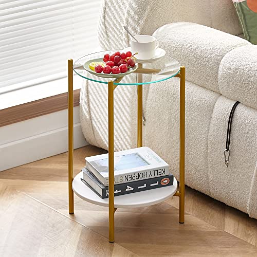 Modern 2- Tier Side Table with Removable Marble Tabletop, Small End table with Metal Frame, Modern Round Nightstand for Bedroom, Living Room Coffee Table for Balcony Patio (White)
