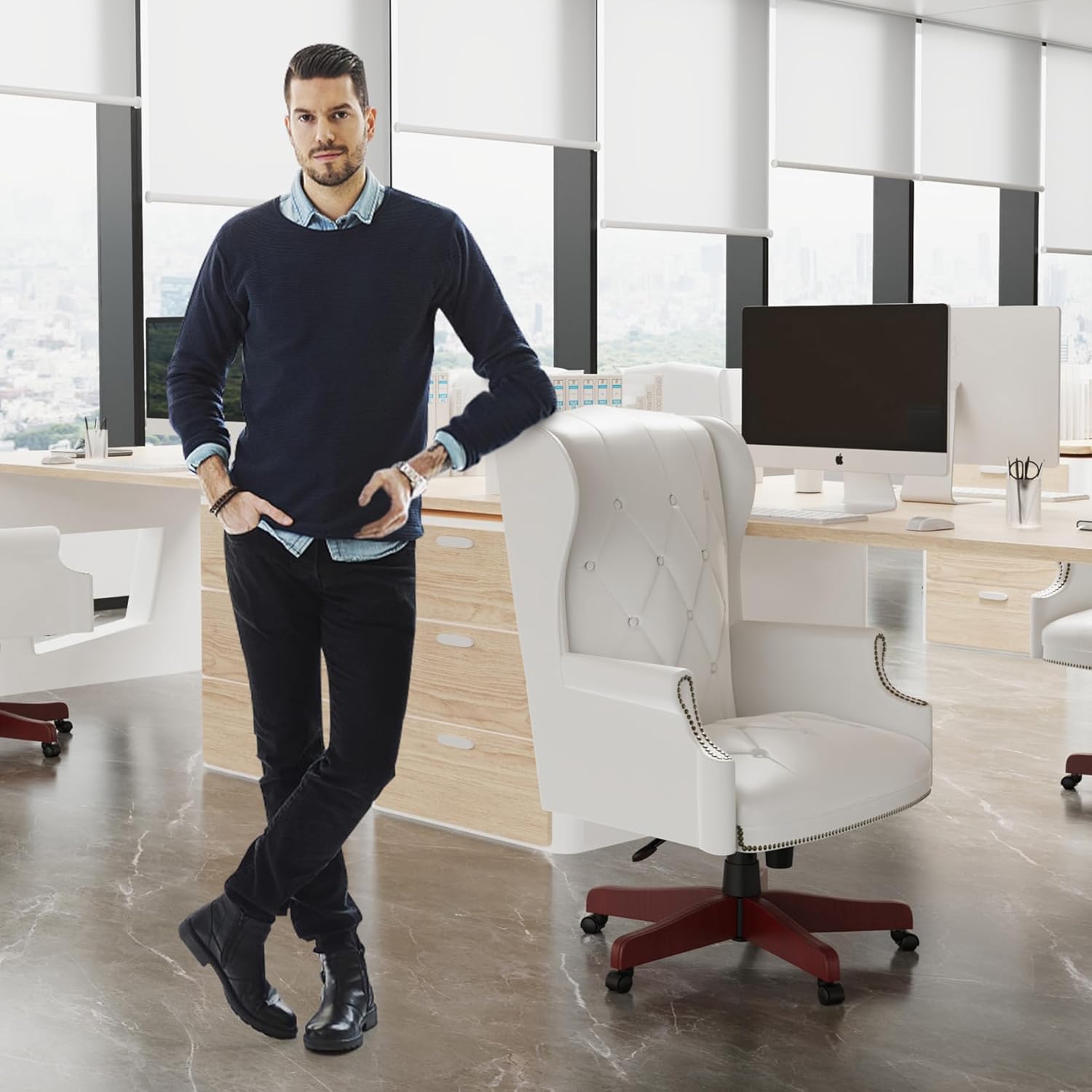 330LBS Executive Office Chair, Ergonomic Design High Back Reclining Comfortable Desk Chair - White