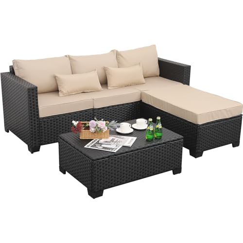 Rattaner Outdoor Furniture Set 3 Pieces Wicker Patio Furniture Outdoor Sectional Patio Couch Outdoor Coffee Table with Storage All-Weather No-slip Cushions Waterproof Covers, Peacock Blue