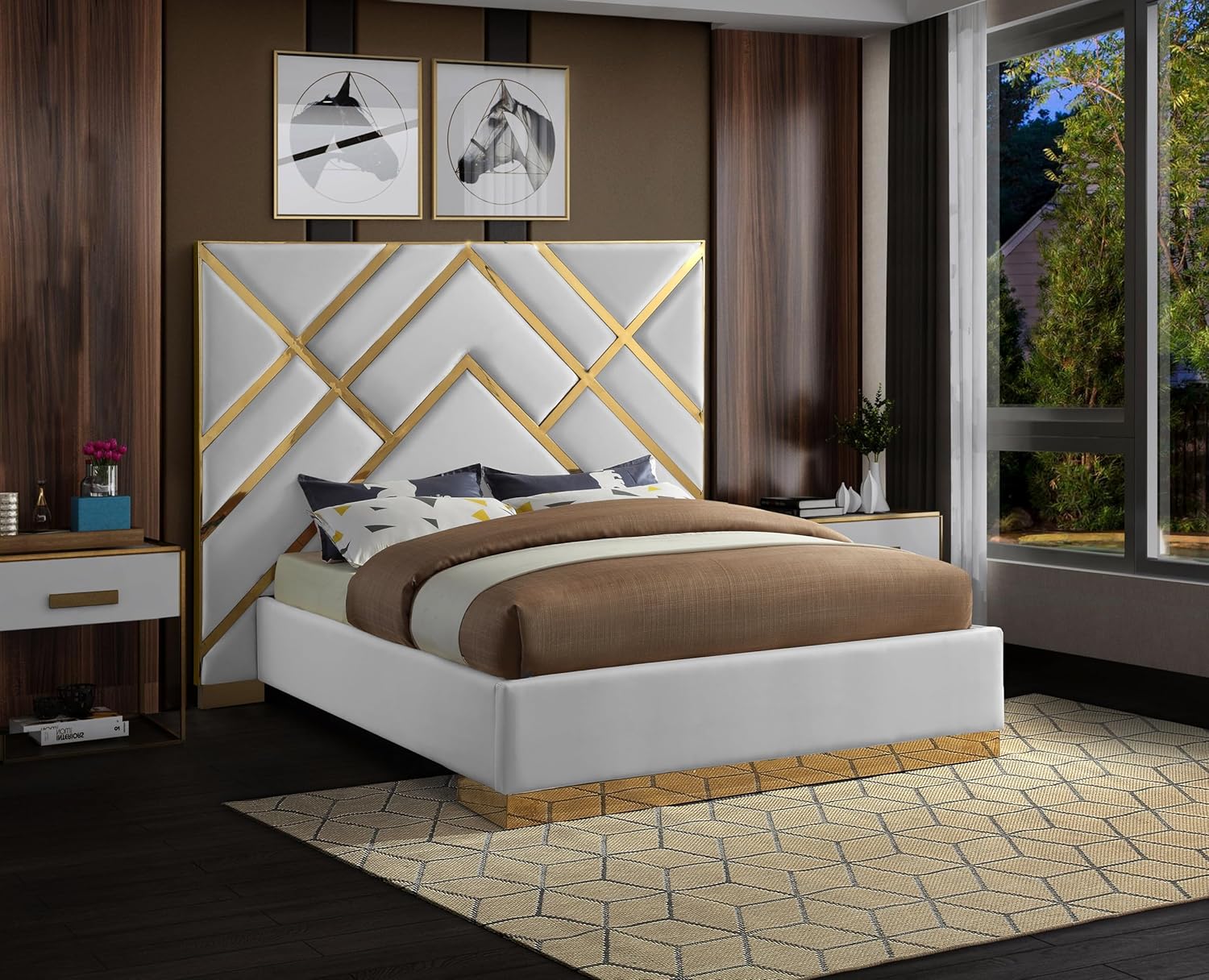 Meridian Furniture VectorWhite-K Vector Collection Modern | Contemporary Vegan Leather Upholstered Bed, Custom Gold Metal Base and Polished Gold Metal Design, 97.5
