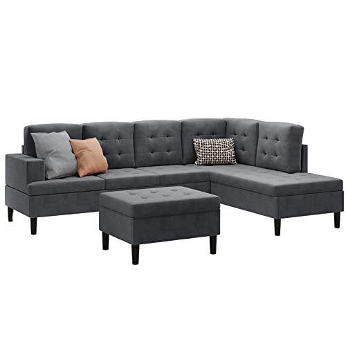 CECER Modern Upholstered Tufted L-Shape Sofa|Microsuede Fabric Reversible Sectional Sofa Set|Oversized Big Sleeper Sofa Couch with Movable Ottoman for Living Room/Loft/Apartment -Grey