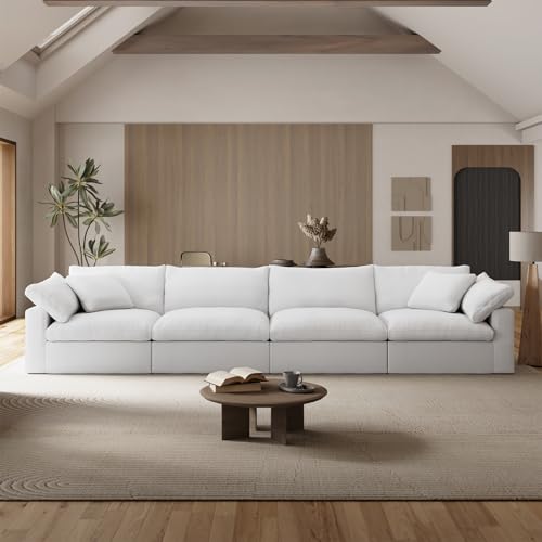 Cloud Couches for Living Room,Down Filled Convertible Sectional Sofas,Cushion Covers Removable,Cozy White Linen Linear Shaped Modular Sofa,Deep Love Seat Couch for Apartment