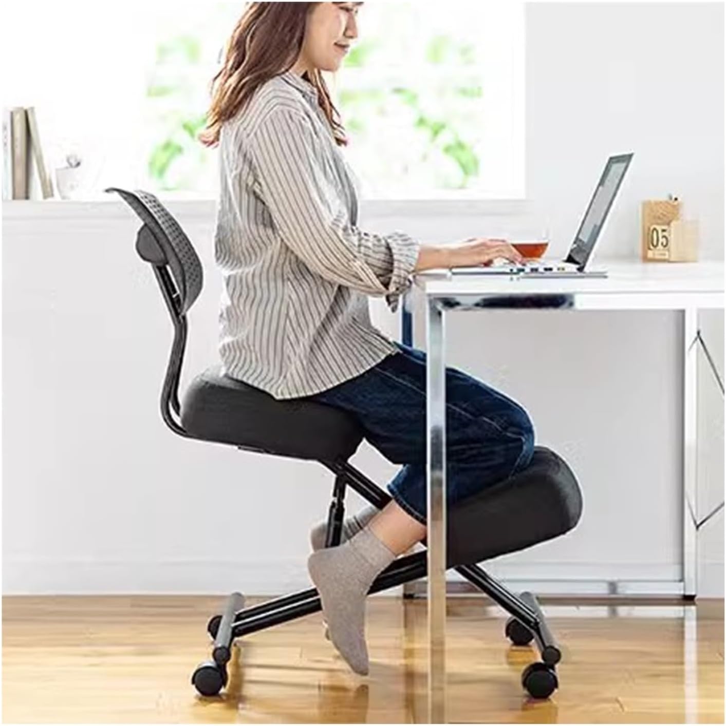 Ergonomic Kneeling Chair, Home Office Desk Stool for Active Sitting, with Comfortable Cushions & Rolling Wheels & Back Support, Office Chair for Back Pain