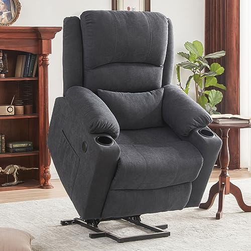 Lay Flat Triple Motor Power Lift Recliner Chair with Adjustable Headrest for Elderly People, Electric Recliner with Infinite Positions, Heat and Massage Chair Recliner, USB & Type C Dark Grey