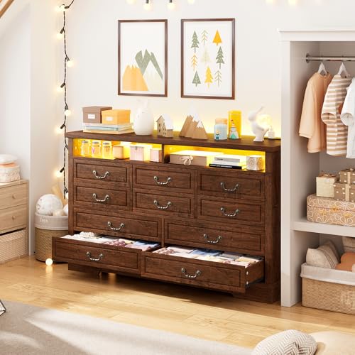 EnHomee Farmhouse Dresser for Bedroom 55.2''W Wood Dresser with LED & Power Outlet Vintage 10 Drawer Dressers & Chests of Drawers Long Dresser TV Stand, Hallway, Dark Rustic Oak