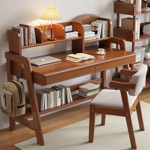 Writing Desk with 2 Drawers, Writing Study Desk with Storage Shelves Wooden Home Office Desk Computer Workstation(120CM, White)