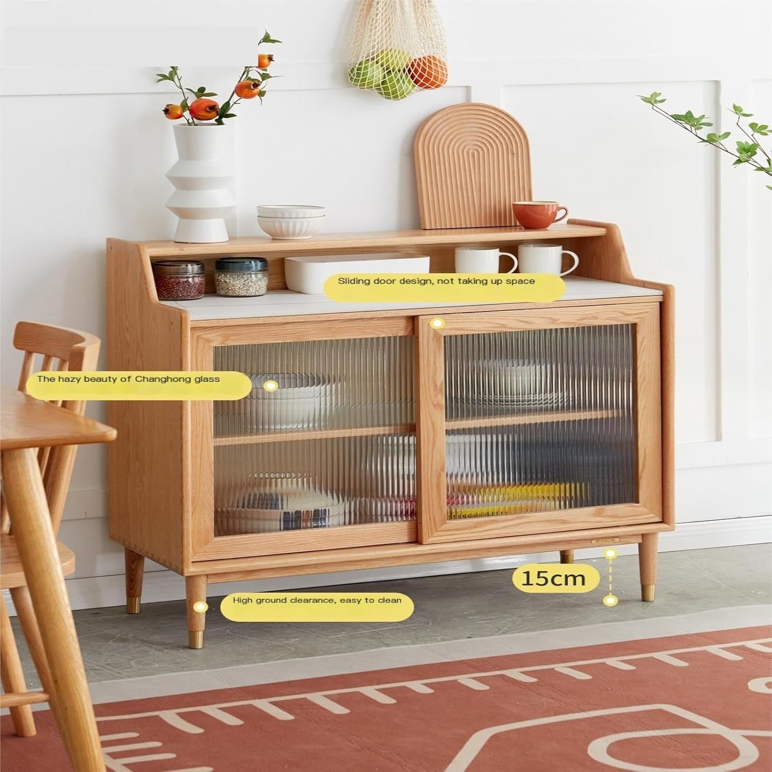 Buffet Cabinet Solid Wood Sliding Door Sideboard Home Kitchen Storage Cupboard Modern Simple Oak Double Door Tea Cabinet Buffet Sideboard