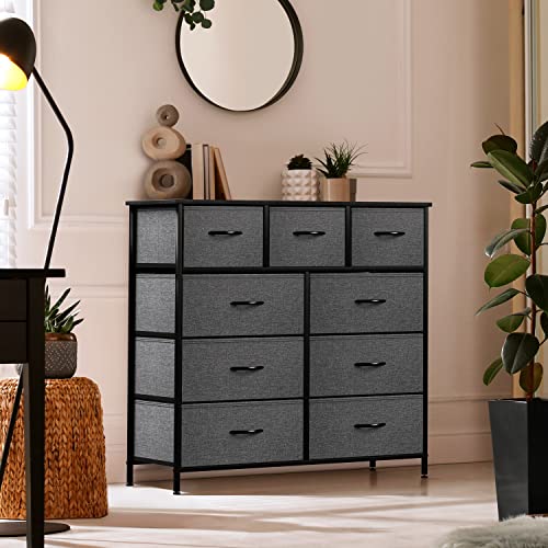 Sorbus Dresser with 9 Drawers - Furniture Storage Chest Tower Unit for Bedroom, Hallway, Closet, Office Organization - Steel Frame, Wood Top, Easy Pull Fabric Bins (Marble White – Black Frame)