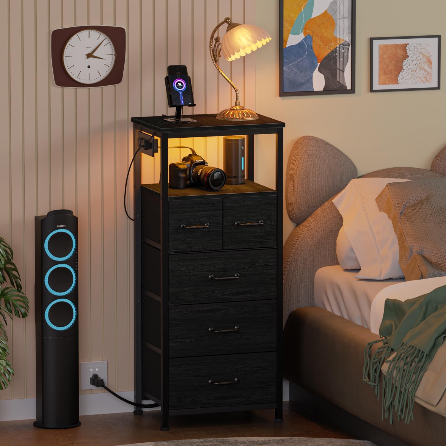 Furnulem Dresser and Nightstand Sets, Vertical Dresser with Charging Station and LED Lights+Nightstand with Wood Shelf