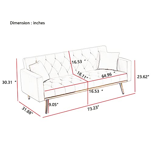 Velvet Tufted Sleeper Sofa Bed ，Convertible Loveseat Futon Sofa Couch Bed with Square Arms and Gold Metal Legs for Living Room (Pink)