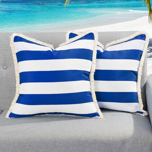 Outdoor Throw Pillow Covers 12×20&18×18 Inch, Waterproof Throw Pillow Cases with Fringe, Striped Decorative Outdoor Cushion Covers for Garden, Patio, Couch, Balcony, 2 Pack, Beige